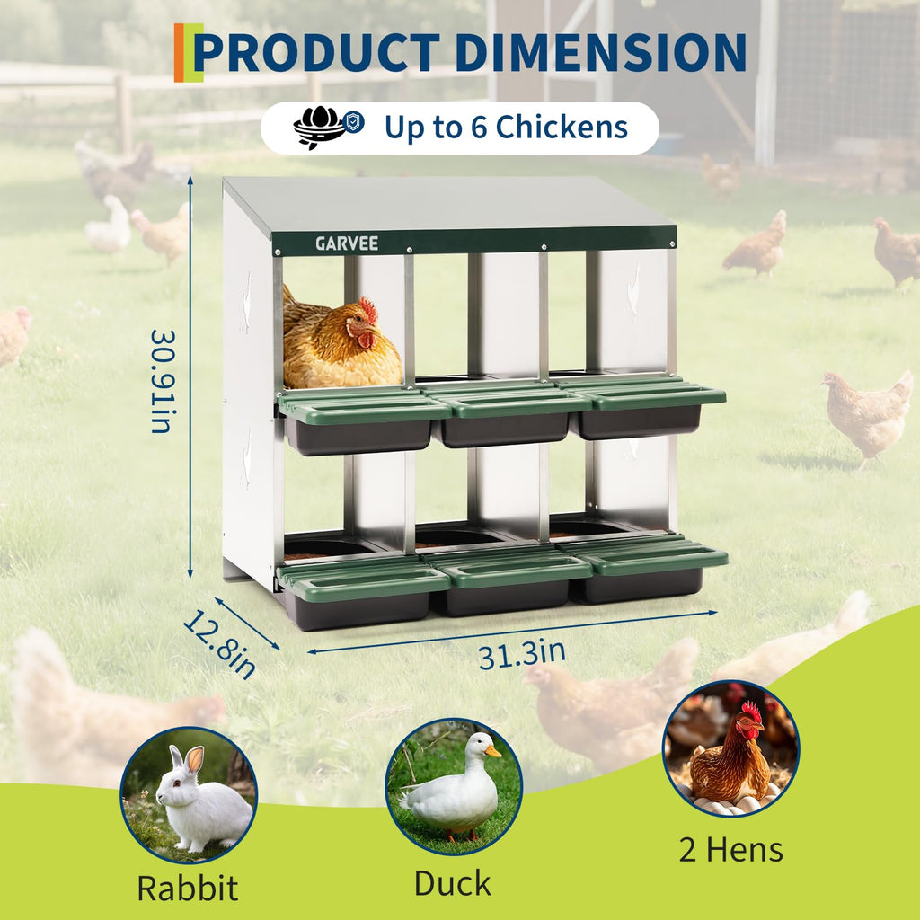 Garvee 6-Compartment Metal Chicken Nesting Box, Roll Away Poultry Laying Box with Sloped Anti-Perch Roof, 31.3"x12.8"x30.9", Green