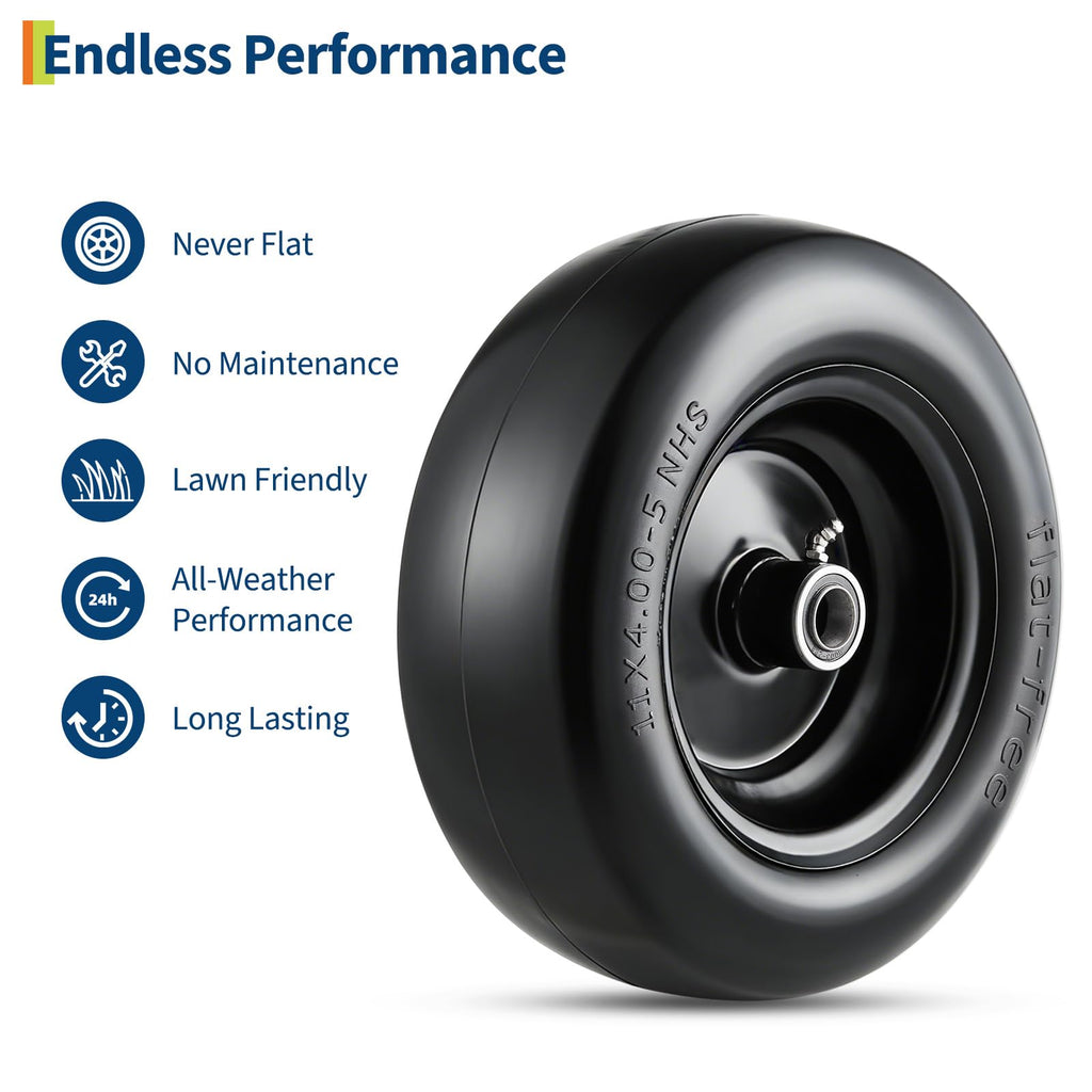 Garvee 11x4.00-5 Flat Free Lawn Mower Tire and Wheel with 3/4" Bushing, 299 LBS Capacity, PU Foam, 3.4" Hub, 5/8" 1/2" Adapter, Garden Cart Use