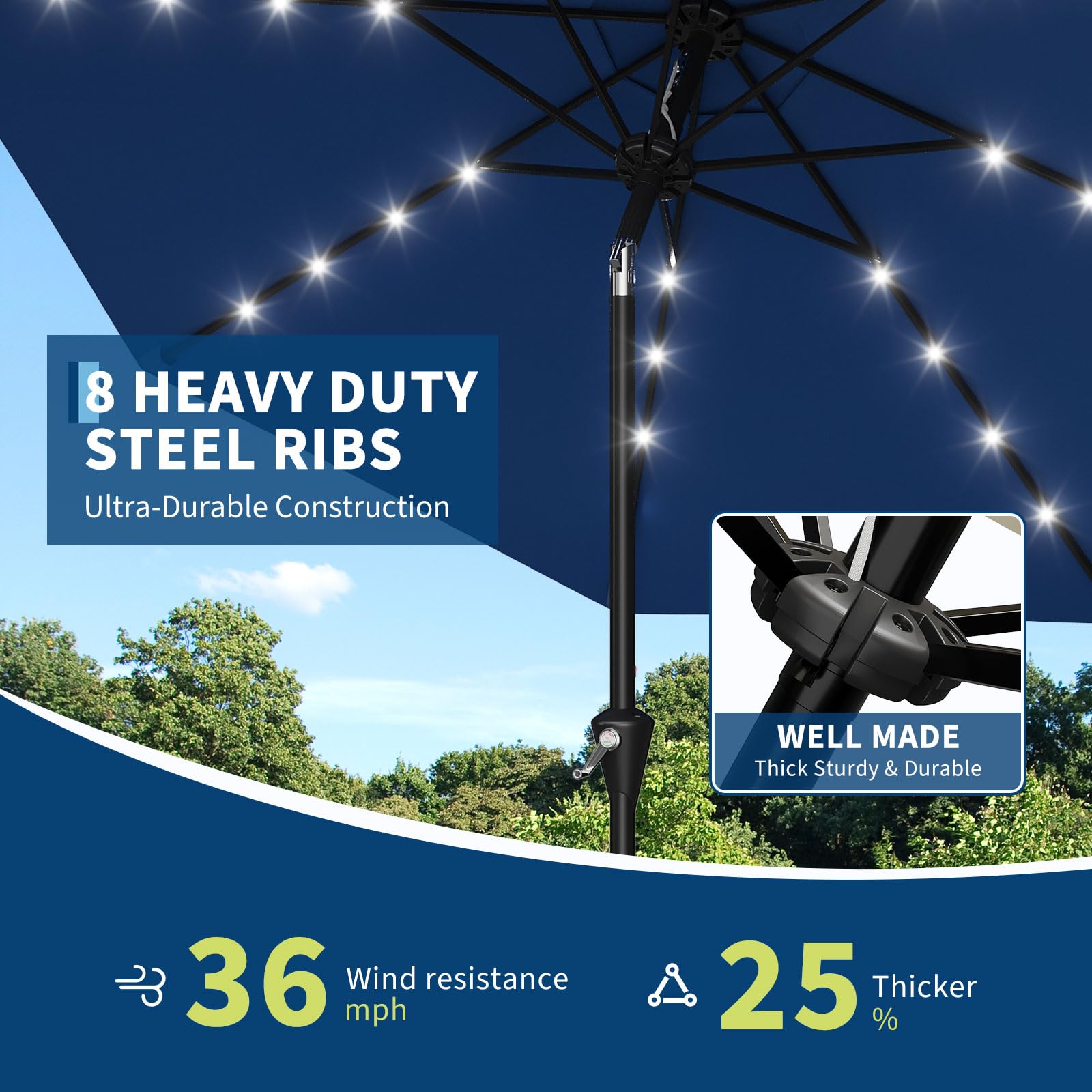 Garvee 10 ft Solar Patio Umbrella with 32 LED Lights, Outdoor Market Umbrella with Crank Lift & Tilt, UV-Resistant Canopy for Pool, Garden & Backyard, Navy Blue