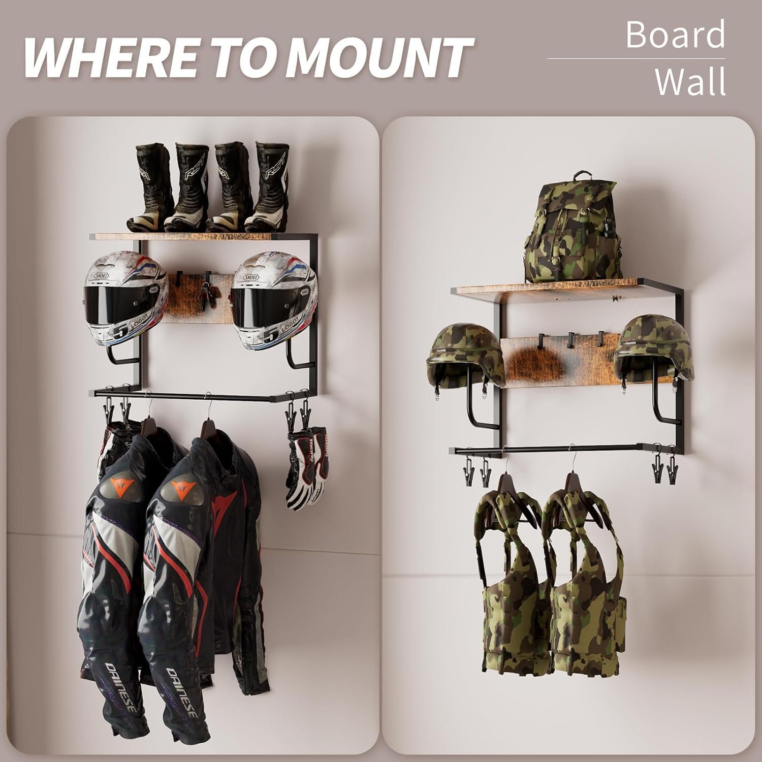 Garvee Wall-Mounted Helmet Rack Organizer for Motorcycle & Cycle – 4 Holders with 4 Integrated Hooks – Sturdy Space-Saving Storage for Garage or Entryway – Easy Install – Melamine Board