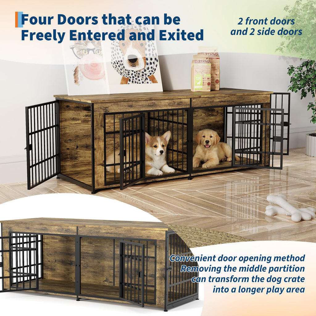 Garvee Double Dog Crate Furniture with Divider – Heavy Duty Wooden Indoor Kennel End Table – 3-in-1 Pet House for Large/Medium Dogs – Metal Doors, Adjustable Feet, Easy Assembly – Tiger Wood