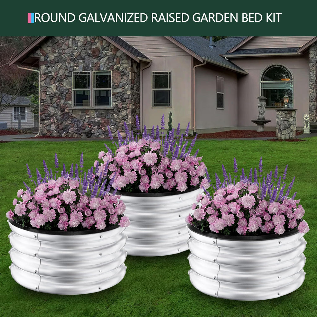 Garvee 3-Pack Raised Garden Beds, 2 x 2 x 1 FT Round Galvanized Steel Planter Boxes with Open Bottom, Rust-Resistant Outdoor Beds for Vegetables, Herbs & Flowers