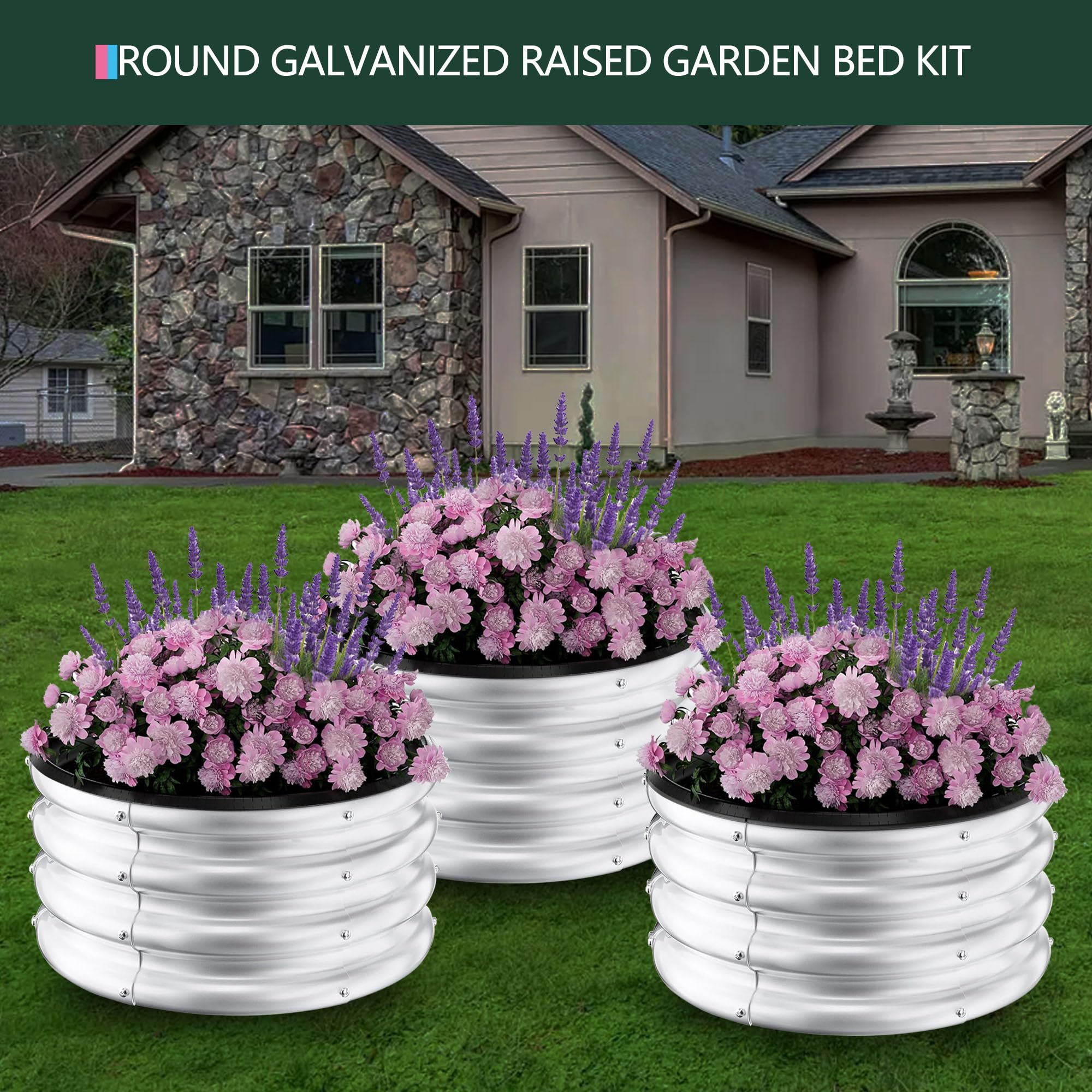 Garvee 3-Pack Raised Garden Beds, 2 x 2 x 1 FT Round Galvanized Steel Planter Boxes with Open Bottom, Rust-Resistant Outdoor Beds for Vegetables, Herbs & Flowers