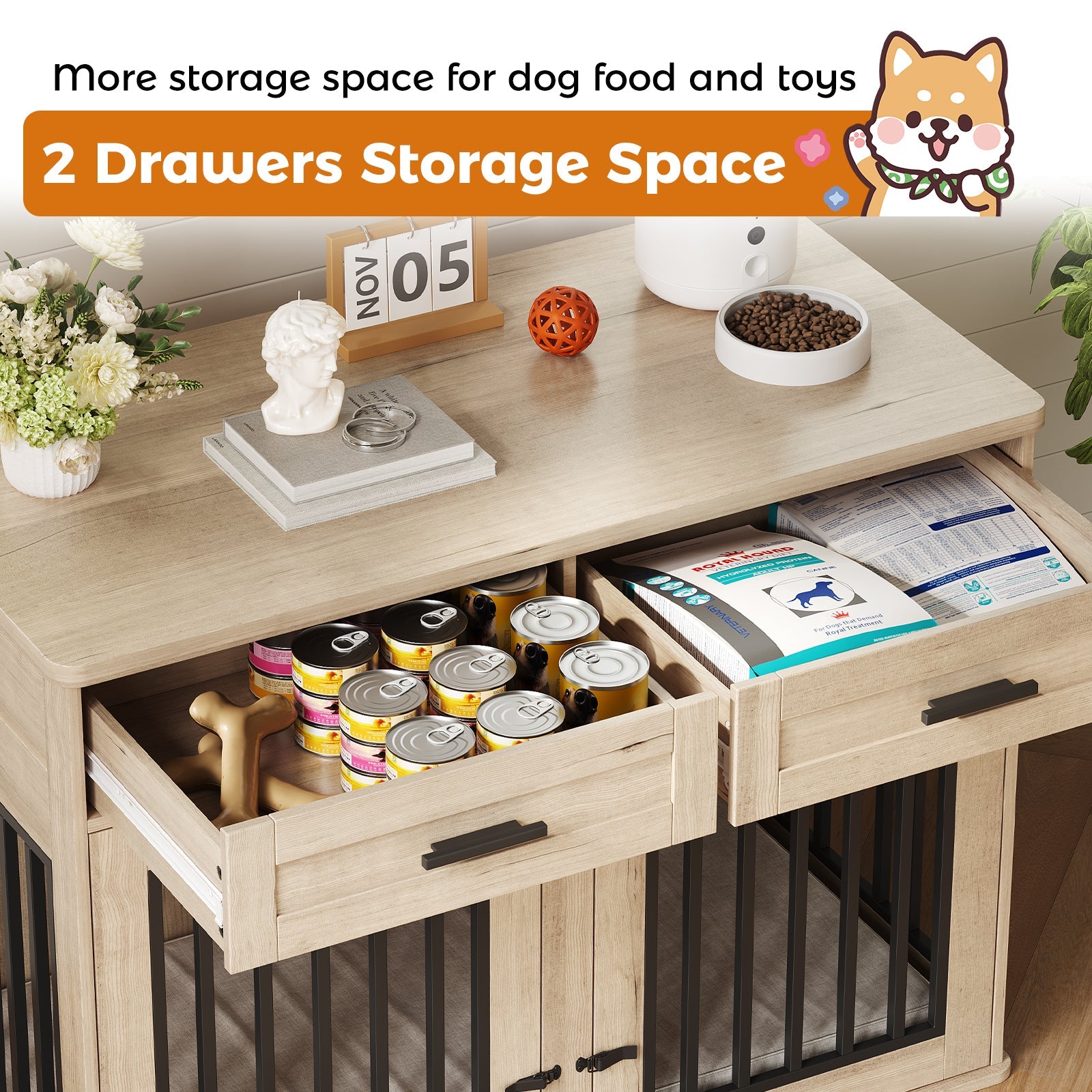 Garvee 44.5 Inch Large Dog Crate Furniture with 2 Storage Drawers,Wooden Dog Kennel Furniture As End Table, Decorative Pet Cage Dog House Indoor for Medium/Large Dogs, Chew-Proof, Gray