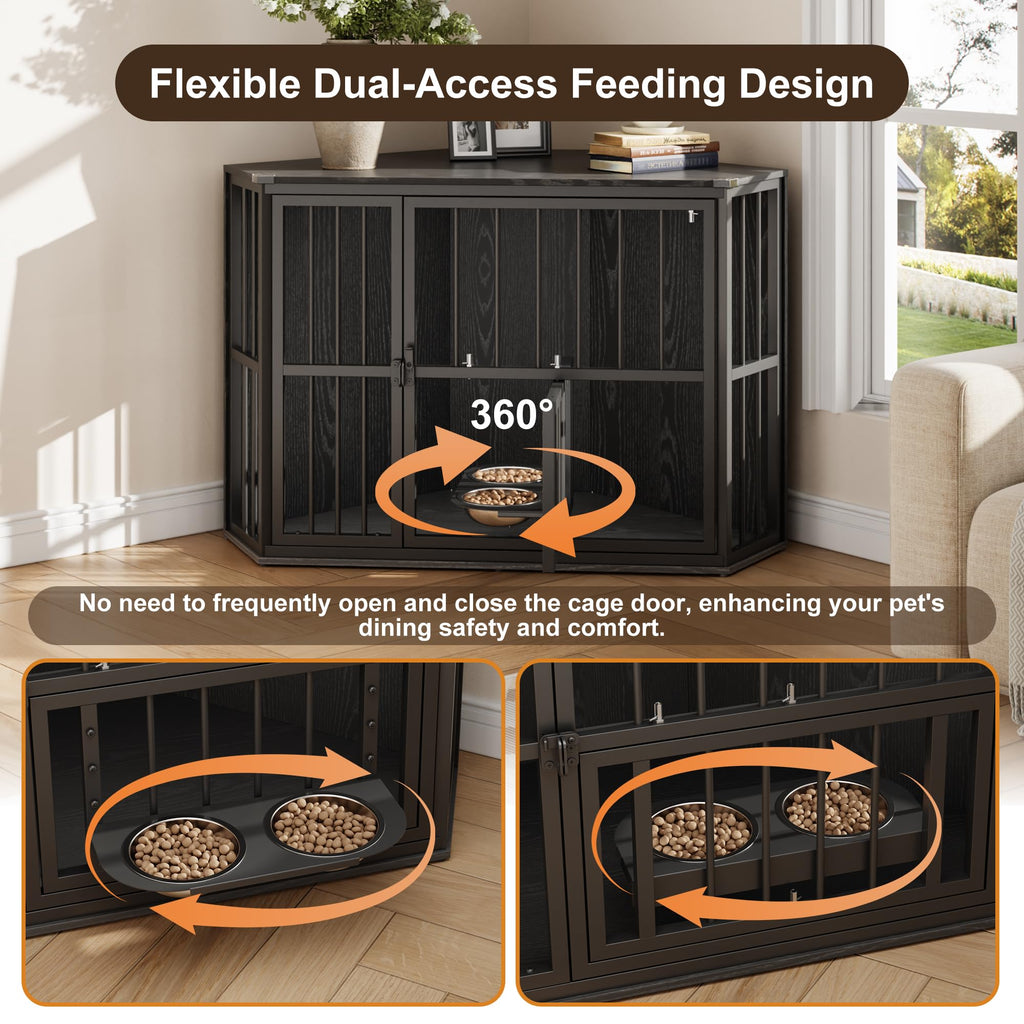 Garvee Space-Saving Corner Dog Crate Furniture – Wooden Indoor Kennel End Table with 360° Rotating Door, Stainless Steel Feeding Bowls, Decorative Design for Small Breeds, Black Relief + Black Iron Frame