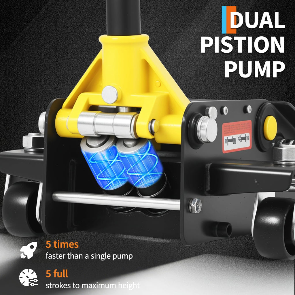 Garvee 3 Ton (6000lbs) Hydraulic Floor Jack - Low Profile Dual Piston Quick Lift - Heavy Duty Steel, Trolley Design - 2.95-15.35 in Lifting Range - For Car, SUV, Truck - Yellow + Black