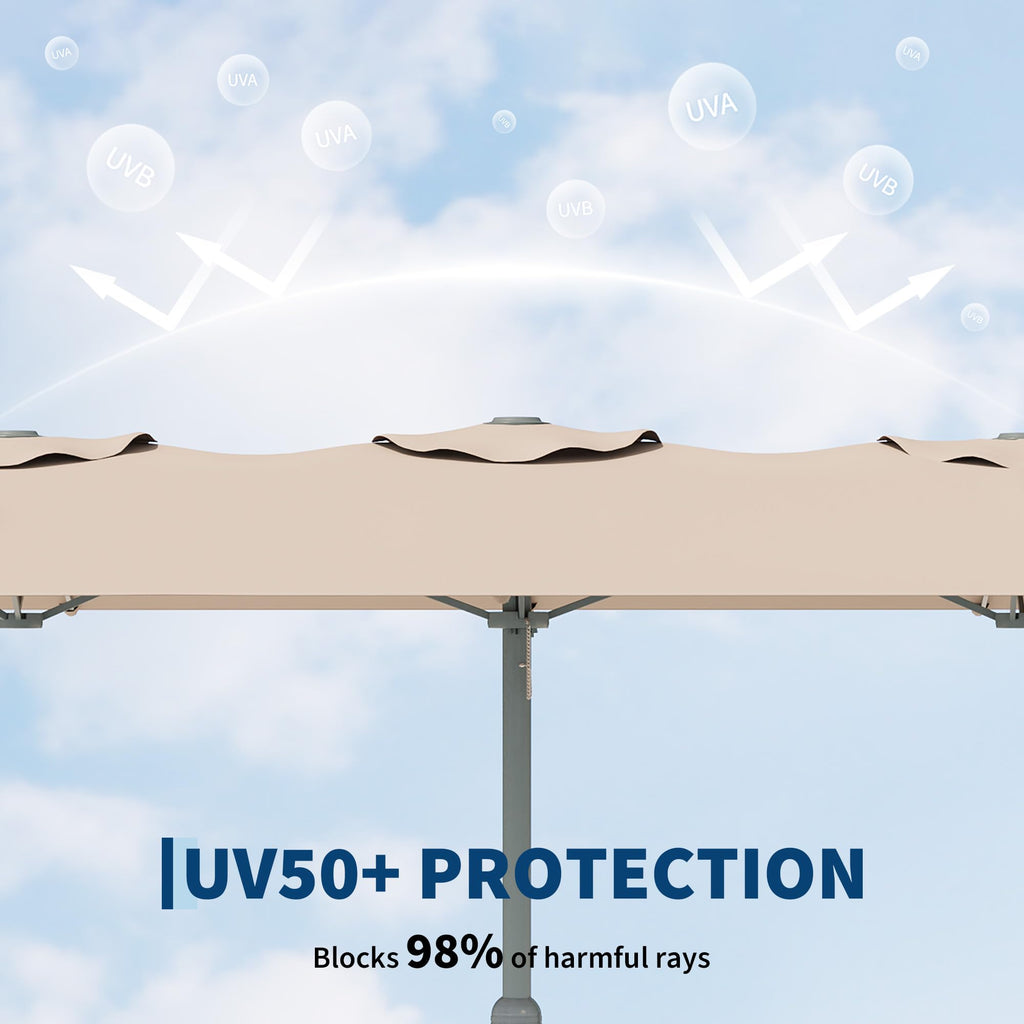 Garvee 9' × 15' Extra Wide Patio Umbrella, 12-Rib Iron Frame, Oxford Canopy, Khaki