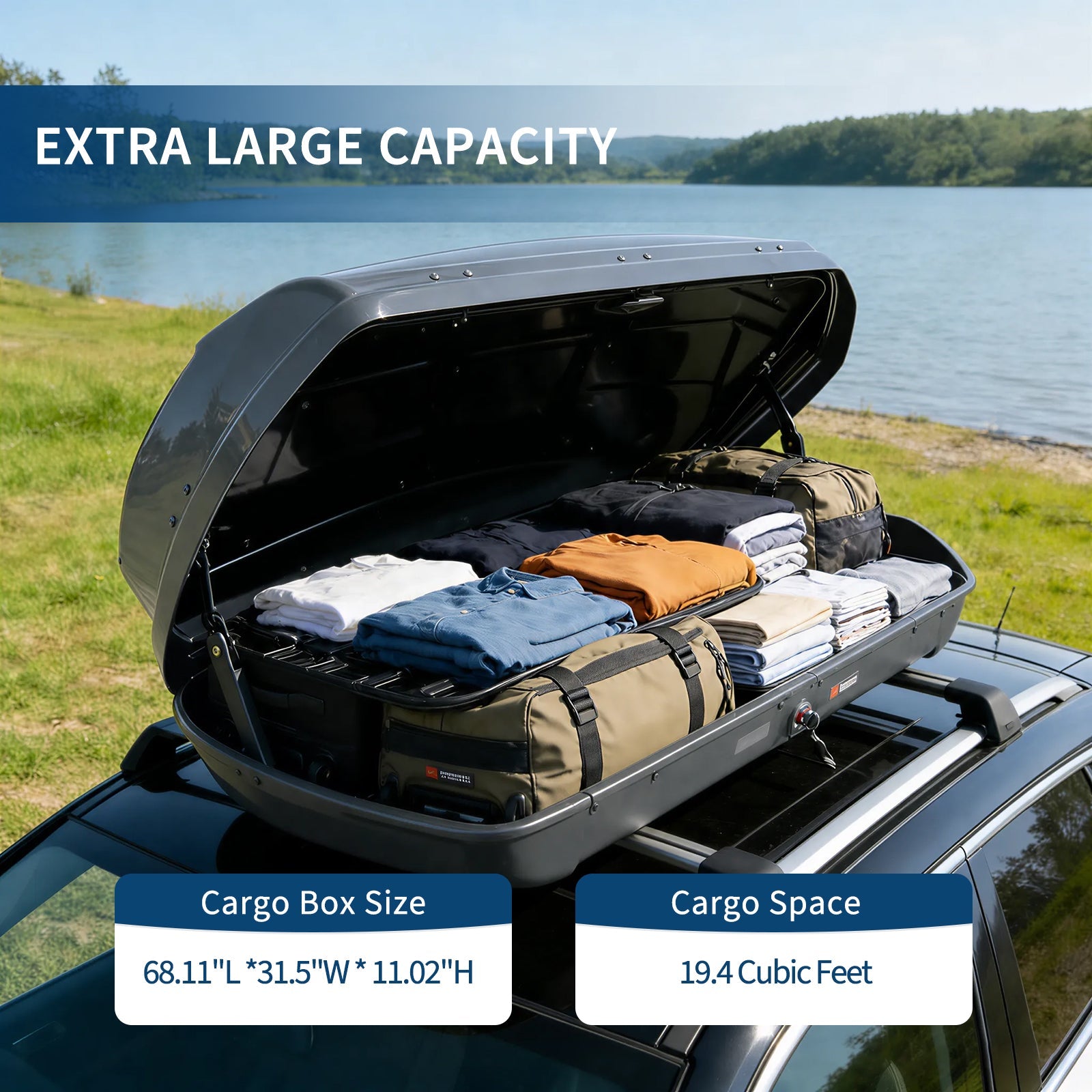 Garvee Spacious Hard Shell Rooftop Cargo Box for Cars & SUVs – 19.4 Cu Ft, Waterproof, Dual-Side Opening, global Fit, Secure Straps & Keys, 165 lbs Capacity – Gray – Color: Gray, Specs: 19.4 cu ft hard shell rooftop cargo box, double-sided opening, global