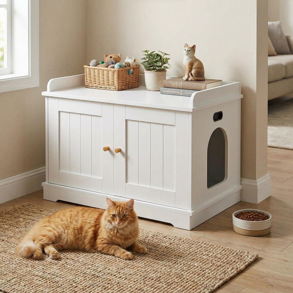 Garvee 31.5" Cat Litter Box Enclosure Furniture with 2 Doors & Display Shelf, Wooden Hidden Cat Cabinet for Living Room, Dog-Proof Design for Multiple Cats, Smooth Surface & Quick Clean-Up, White