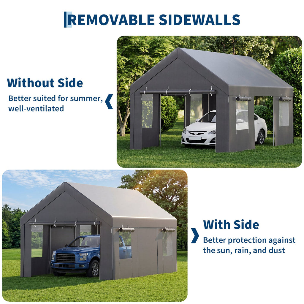 Garvee 10' x 20' Portable Carport, 4 Roll-Up Doors, 4 Vent Windows, Waterproof PE Cover, Galvanized Steel Frame for Cars, Trucks & Boats, Gray