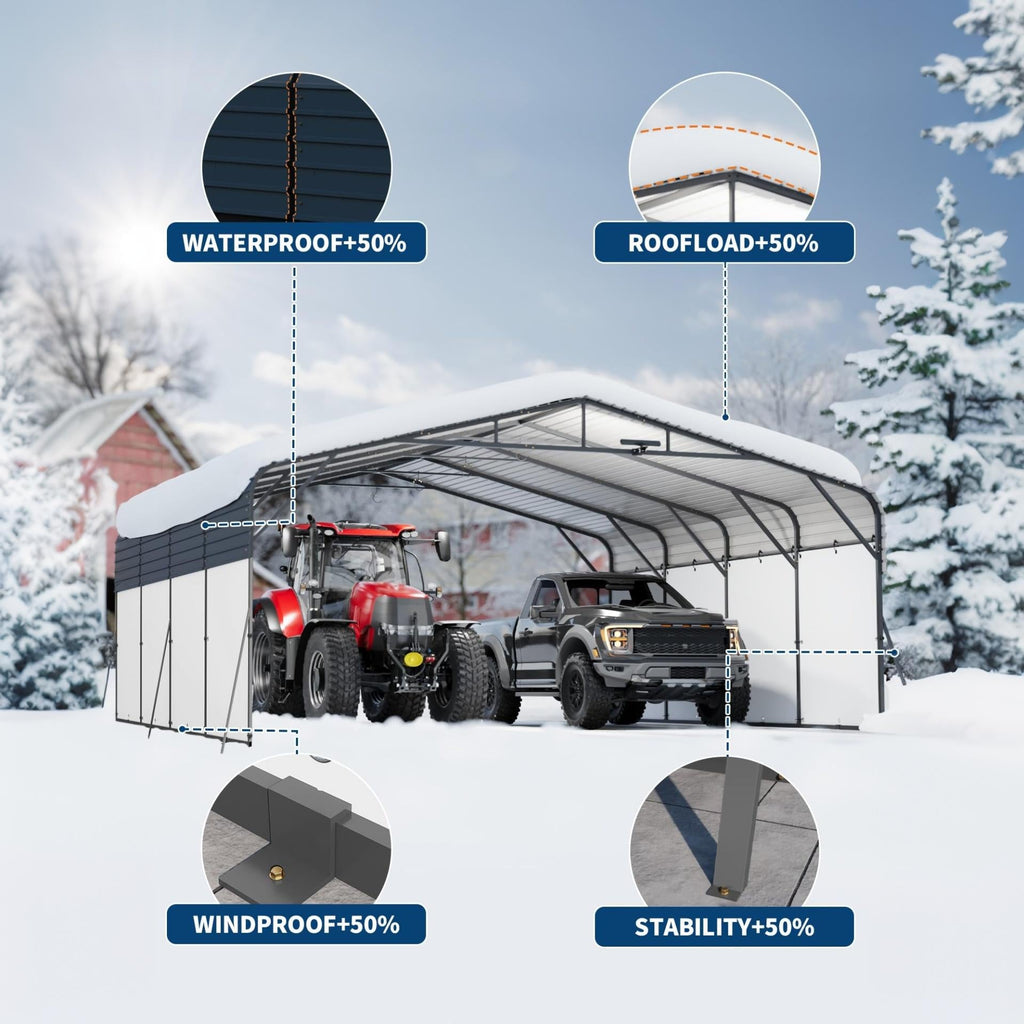 Garvee Metal Carport, 20x20 ft Heavy Duty 2-Car Outdoor Garage with Galvanized Steel Roof, LED Light, Reinforced Base & Removable PE Sidewalls