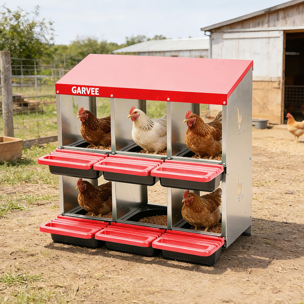 Garvee 6-Compartment Metal Chicken Nesting Box, Roll Away Poultry Laying Box with Sloped Anti-Perch Roof, 31.3"x12.8"x30.9", Red