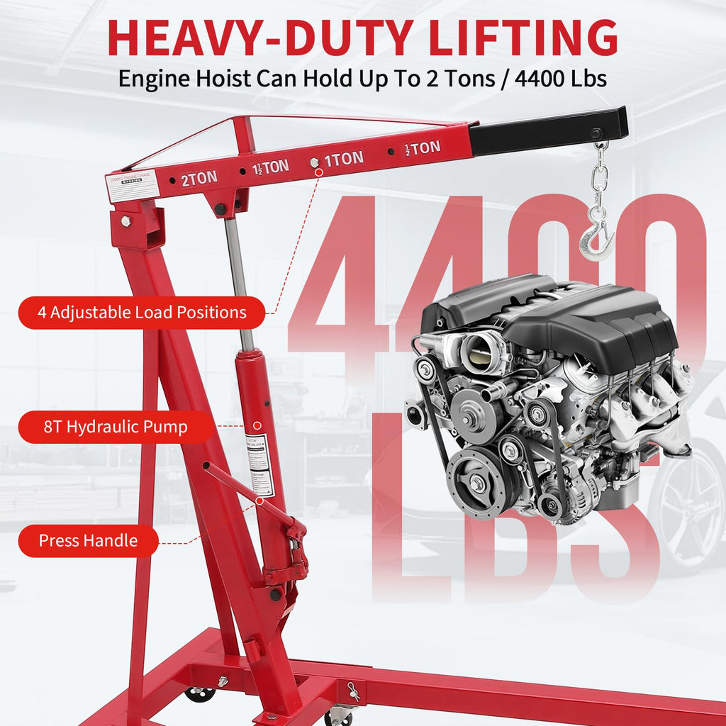 Garvee 2 Ton Hydraulic Engine Hoist - Folding Cherry Picker Crane with Adjustable Telescoping Boom - 4400 LBS Capacity, 6 Swivel Caster Wheels - Heavy Duty for Garage, Workshop, Warehouse – Red without Load Distributor, 2T