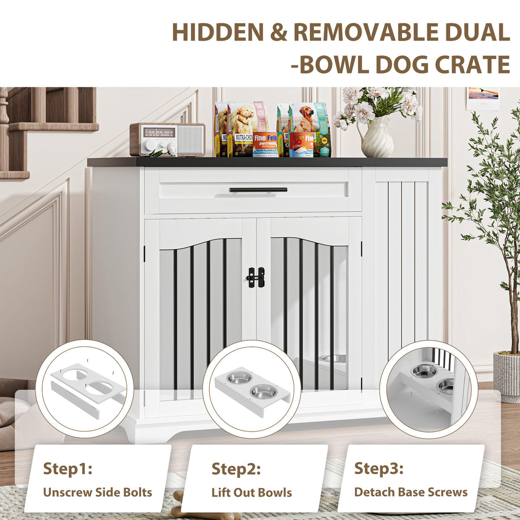 Garvee Wooden Indoor Dog Crate Furniture with Drawer & Lockable Doors, Heavy Duty Indoor Dog Kennel End Table with Feeding Bowls & Storage for Small Medium Large Dogs, White & Walnut