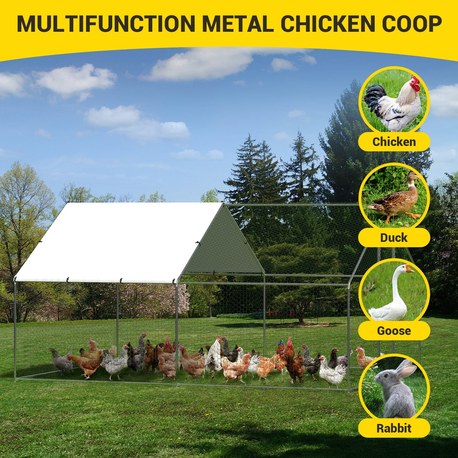 Garvee Heavy-Duty Walk-In Metal Chicken Coop for Backyard Poultry – Dual Lockable Doors, Galvanized Steel Frame, Waterproof UV-Resistant Cover, Spire Roof Hen House, 9.8' W x 13.1' D x 6.6' H