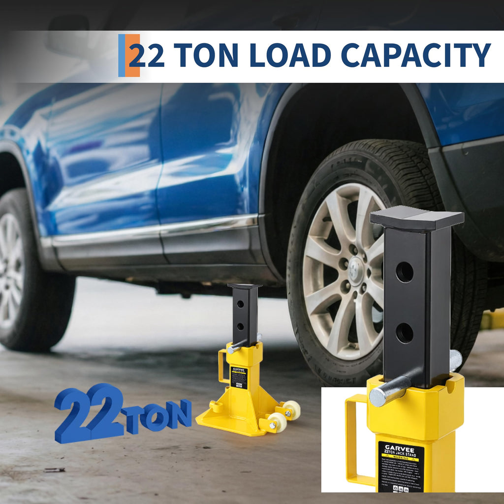 Garvee 22 Ton Jack Stands, Heavy-Duty Pin-Type Car Jack Stands with Lock, 2 Caster Wheels, Wide Base Safety Design, Adjustable Height (13.8"-19.7") for Trucks, Trailers, and Equipment, Yellow