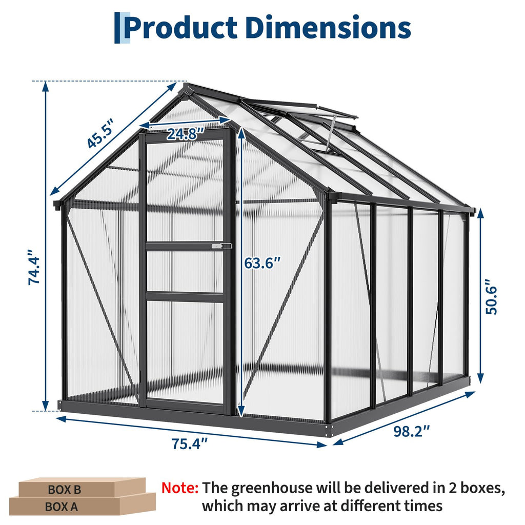 Garvee 8×6FT Aluminum Frame Greenhouse with Polycarbonate Panels, Lockable Door, Adjustable Roof Vent, Side Gutter, Backyard Garden Use