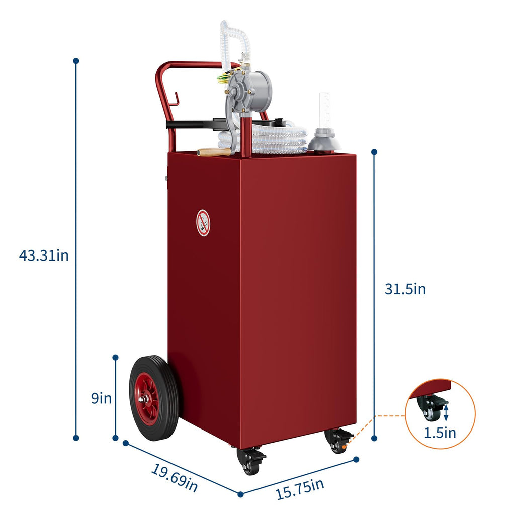 Garvee 30-Gallon Portable Fuel Tank Gasoline Diesel Storage with Manual Rotary Pump, Anti-Static Clamp, Carbon Steel, All-Terrain Wheels, Red, for Vehicles and Boats, Red