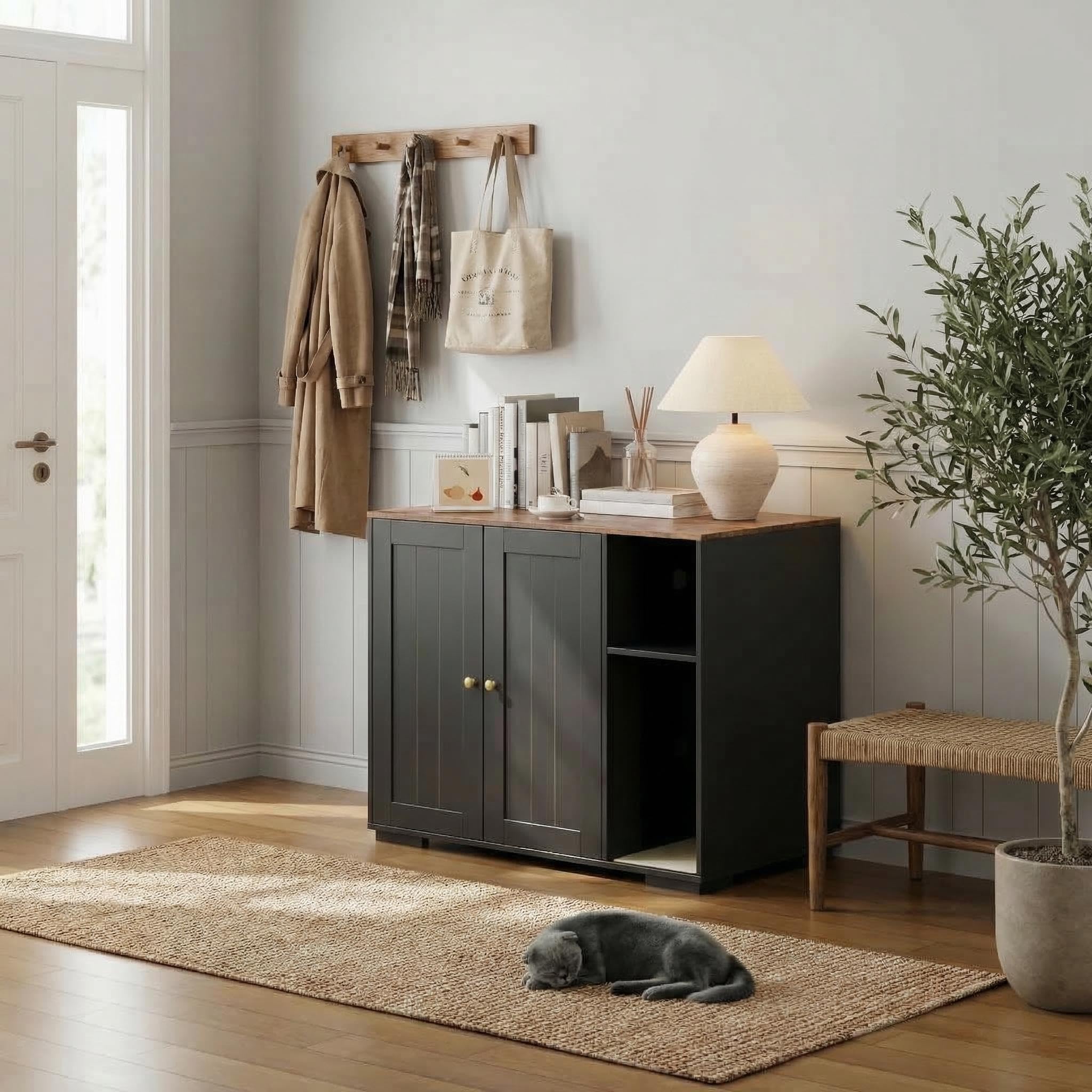 Garvee Extra Large Cat Litter Box Enclosure with Scratch Pad, Automatic Cleaning, Dog-Proof, Wood, Power Outlet, Spacious Storage, Home Use