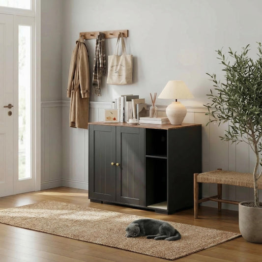 Garvee Extra Large Cat Litter Box Enclosure with Scratch Pad, Automatic Cleaning, Dog-Proof, Wood, Power Outlet, Spacious Storage, Home Use