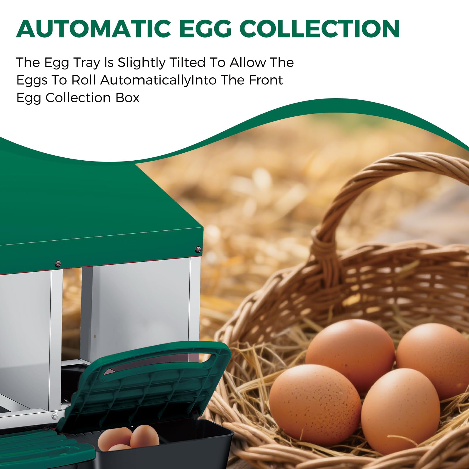 Garvee 4-Compartment 2-Tier Chicken Nesting Box – Roll-Away Tray & Support Stand, Green