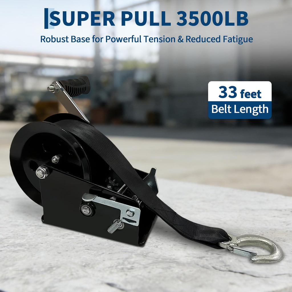 Garvee 3500lbs Heavy Duty Boat Trailer Winch with 33FT Strap, Dual-Speed 4:1/8:1 Gear Ratio & 2-Way Ratchet, Professional Hand Crank Winch for Pulling Boat, Trailer, Truck, RV, ATV, Jet Ski