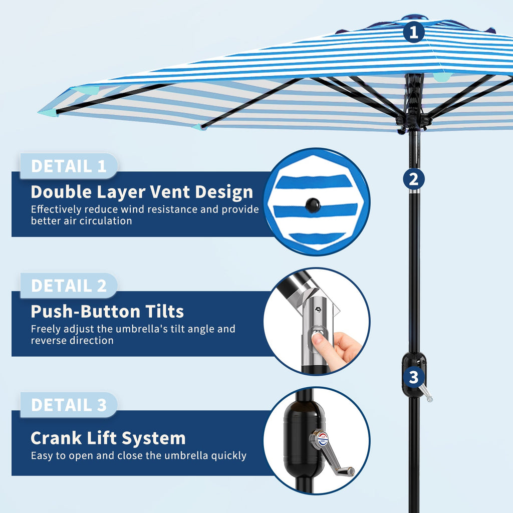 Garvee 9 ft Outdoor Patio Umbrella with 8 Sturdy Ribs, Crank Lift, Push-Button Tilt & UV-Resistant Waterproof Canopy for Pool, Deck, Yard & Garden, Blue & White Stripes