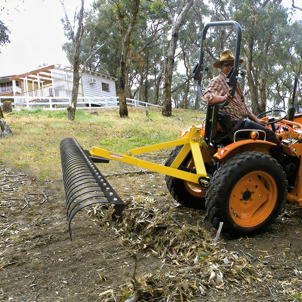 Garvee 72 Landscape Rake,Heavy Duty 3 Point Tractor Rake Fit Cat1/Cat 2, 360 Rotation Compatible,37 Steel Tines for Garden, Farm, Clearing Brush, Raking Arenas