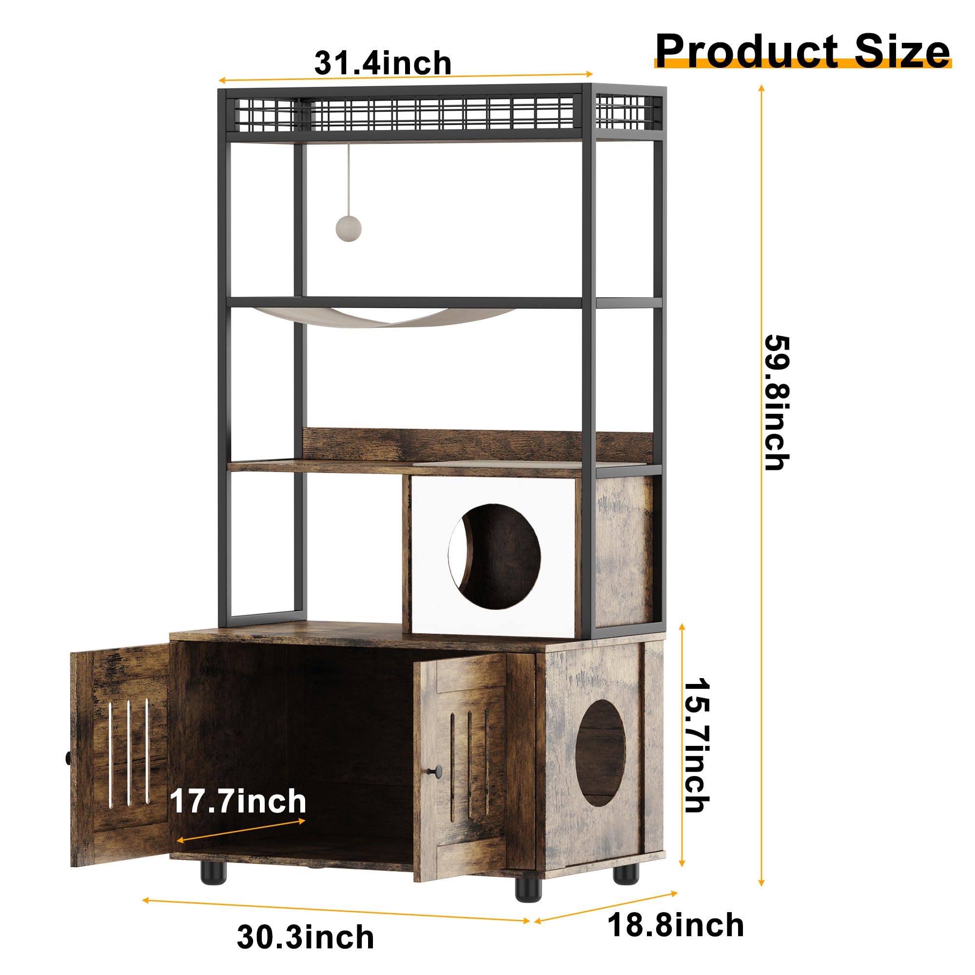 Garvee Modern Hidden Cat Litter Box Enclosure with Storage Rack, Indoor Enclosed Cat Furniture, Hammock, Sisal Balls, Scratching Mat, Multi-Level Private Cat House, Gray