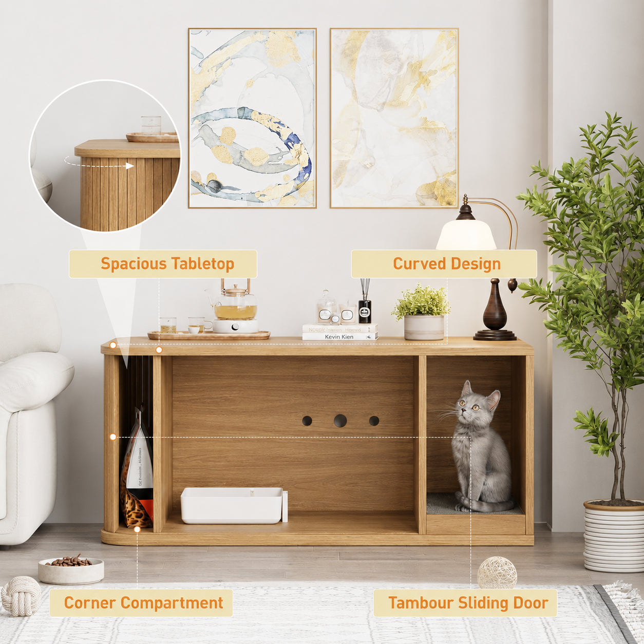 Garvee Modern Cat Litter Box Enclosure, Odor-Control Hidden Cat Washroom Furniture for Living Room, Bedroom, Natural