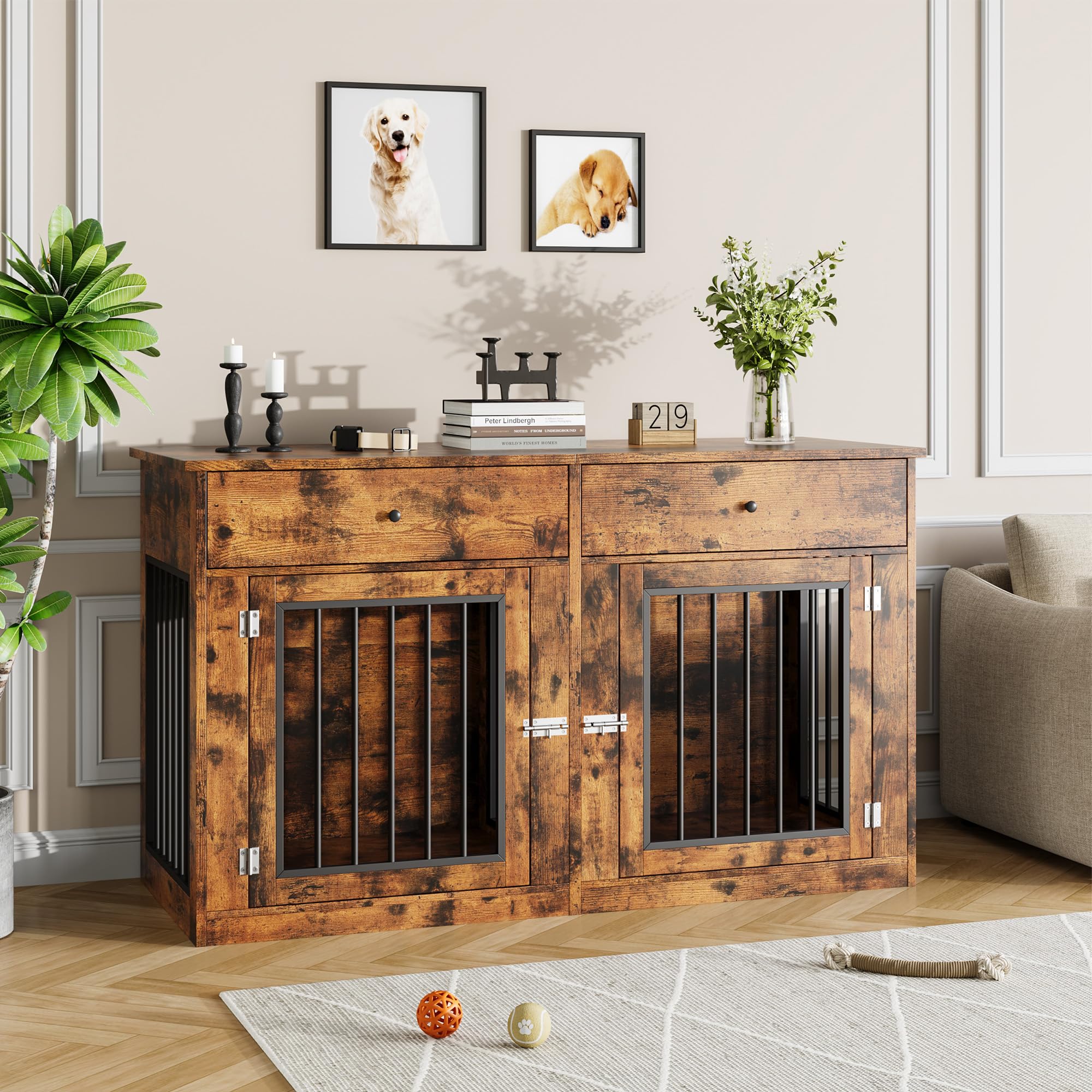 Garvee 60" Dog Crate Furniture for 2 Dogs, Heavy Duty Dog Kennel Furniture TV Stand with 2 Drawers, Dog Crates for Small Medium Dogs, Dog Cage End Table for Indoor Use,Vintage Brown