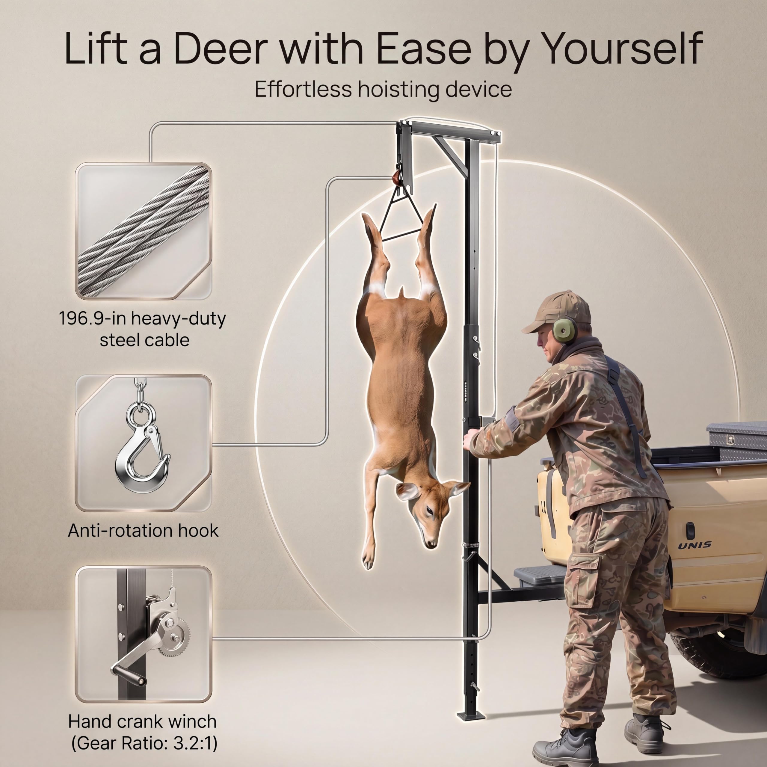 Garvee 500 lb Truck Hitch Game Hoist, 2 Inch Receiver Deer Hoist with Winch, Boom and Support Feet