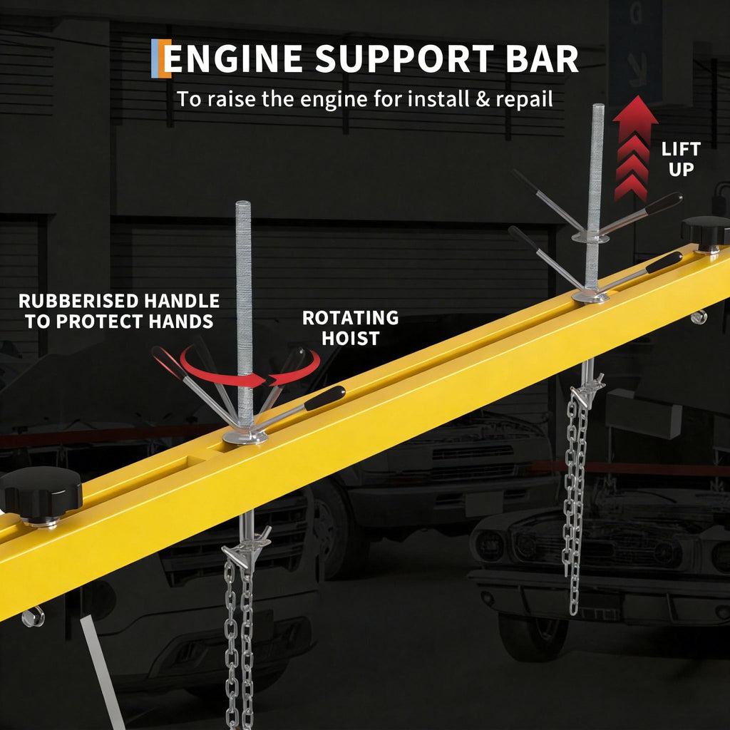 Garvee Engine Support Bar, 1100LBS Transverse Hoist - Dual Hooks & 2-Point Lift Holder for Garage & Auto Repair - Includes 1.5m Load Tone Controller, a Pair of Gloves, Yellow