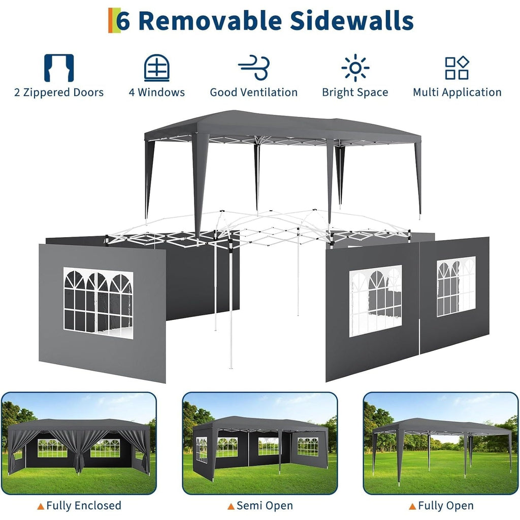 Garvee 10x20 ft Pop Up Canopy Tent, Heavy Duty Steel Frame Outdoor Shelter with 6 Removable Sidewalls, 3 Heights, UPF 50+ Waterproof 210D Oxford Cover, Dark Gray