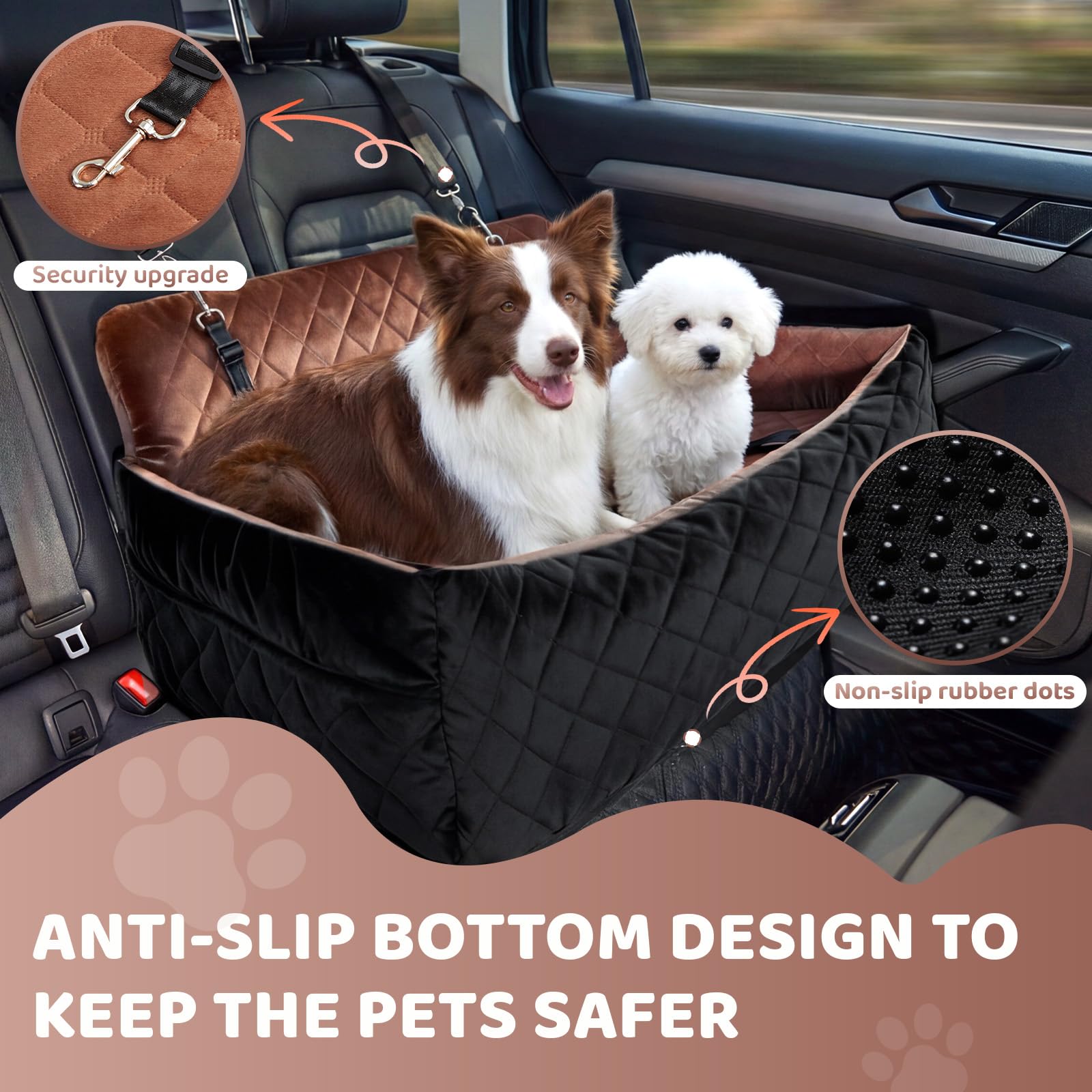 Garvee Dog Car Seat for Small,Medium Large Dog, Double Dogs Car Seat as Traval Bed, Waterproof Thick Cushion, Triple Belts & Harness, Portable Machine Washable Pets Booster Seat w/ Side Pocket, Brown