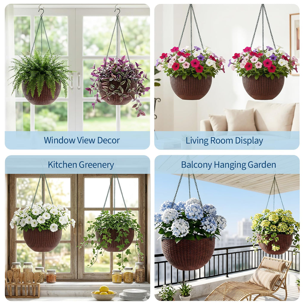 Garvee Self-Watering Hanging Planters for Indoor & Outdoor Plants, 4-Pack 13.8 in Resin Baskets with Rattan Look, Drainage Plugs and Triple-Chain Hangers