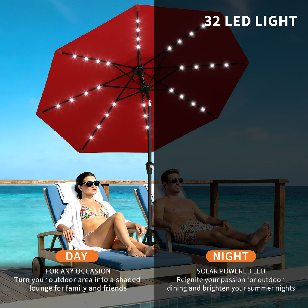 Garvee 9FT Solar LED Patio Umbrella, Waterproof Outdoor Market Table Umbrella with 8 Ribs, Crank Lift, Push Button Tilt, UV Protection for Garden, Pool & Deck, Red