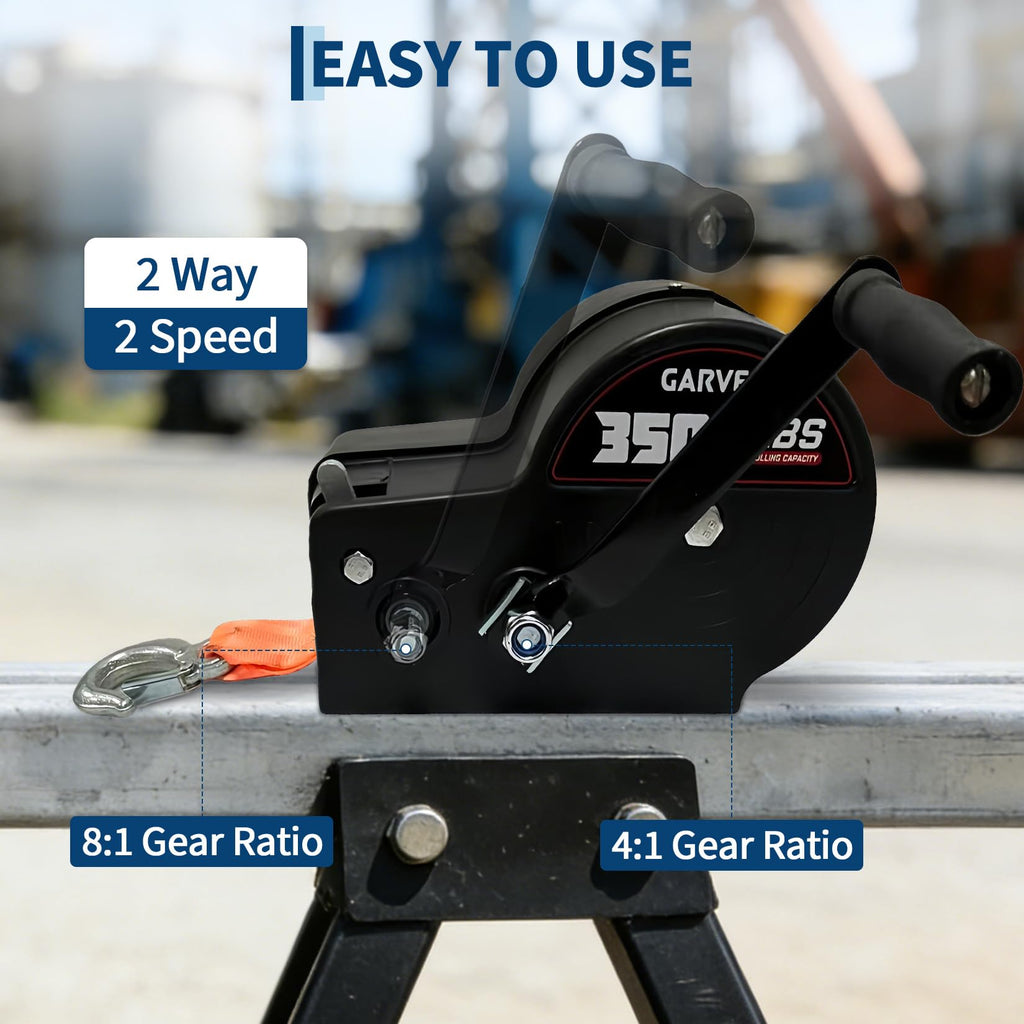 Garvee 3500 lbs Heavy-Duty Boat Trailer Winch - Hand Crank Winch with 33ft Strap, 4:1/8:1 Gear Ratio for Towing and Pulling Boats, Trailers, Trucks, RVs, ATVs, Jet Skis, and Off-Road Recovery, Orange