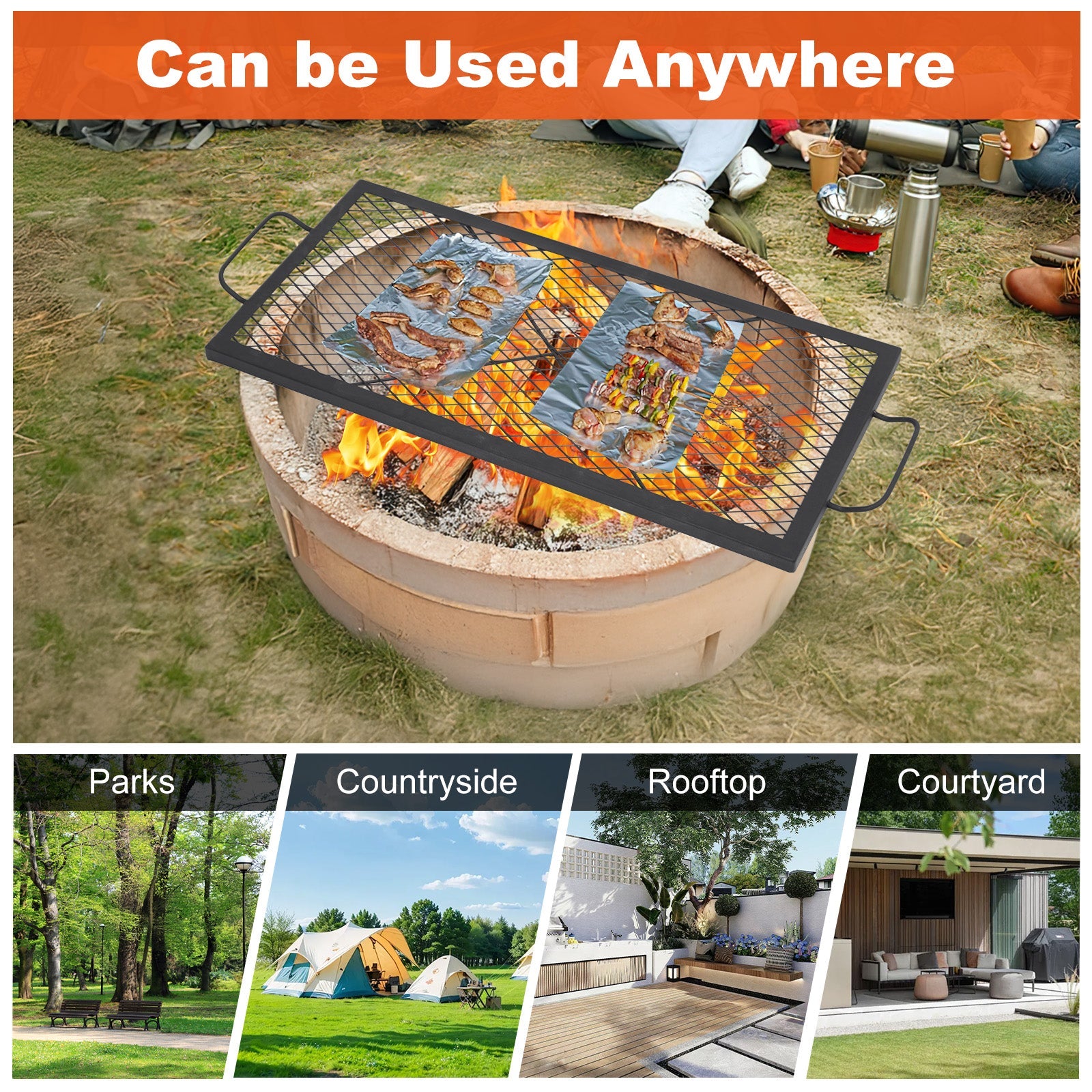 Garvee 32" x 15" Rectangular Fire Pit Grill Grate - Heavy Duty Steel Campfire Cooking Grid with Handles, X-Marks Mesh for Even Heat, Portable BBQ Grate for Outdoor Fire Pit, Park & Camping