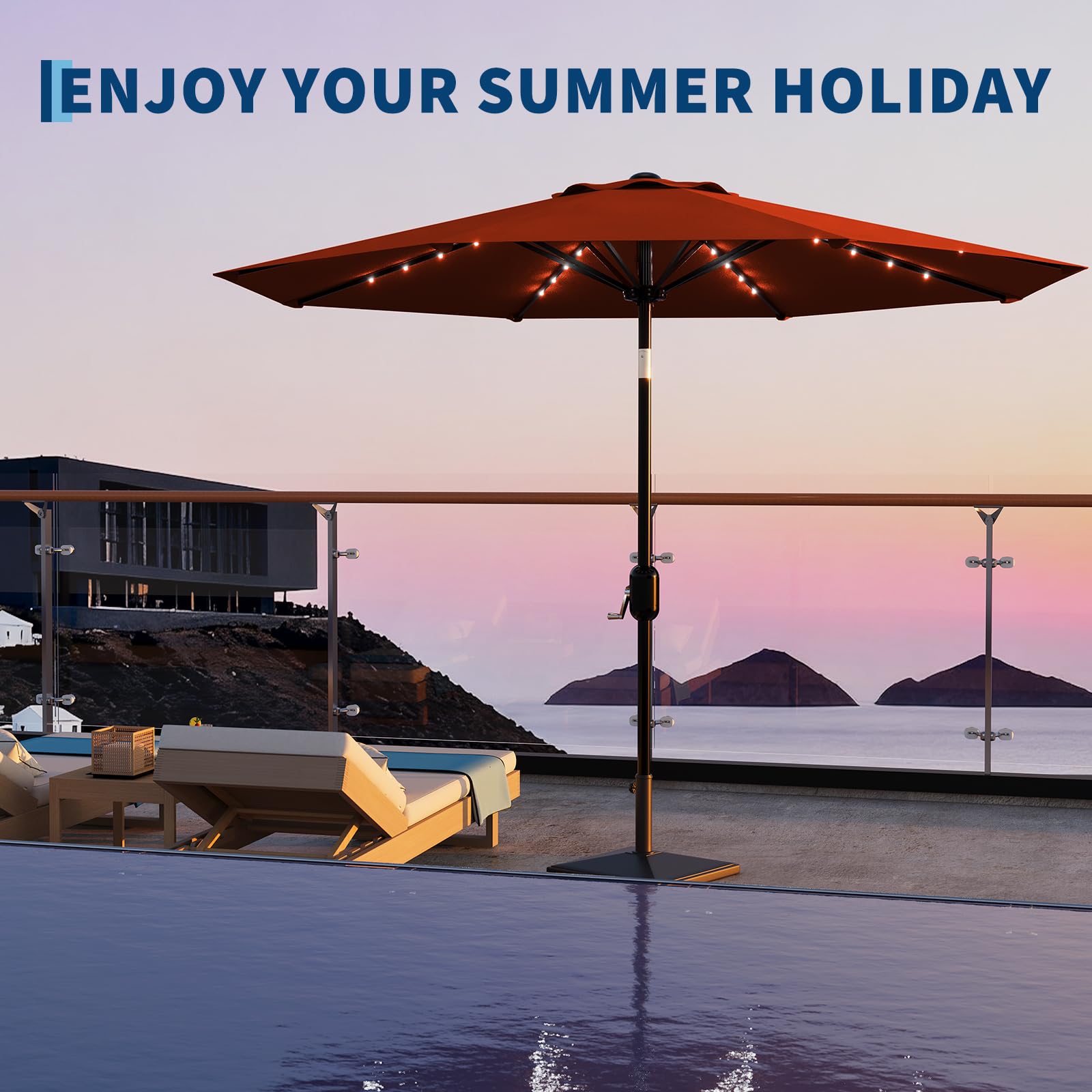 Garvee 9FT Solar LED Patio Umbrella with 32 Lights, Tilt & Crank Outdoor Market Umbrella, UV & Water Resistant, 8 Ribs Sunshade for Garden, Deck, Pool & Table, Orange