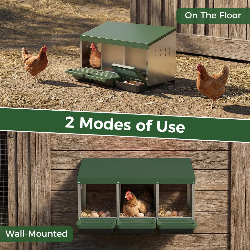 Garvee 3-Hole Metal Chicken Nesting Box, Roll Away Poultry Laying Box with Sloped Roof, 31.5"x20.5"x16.9", Green
