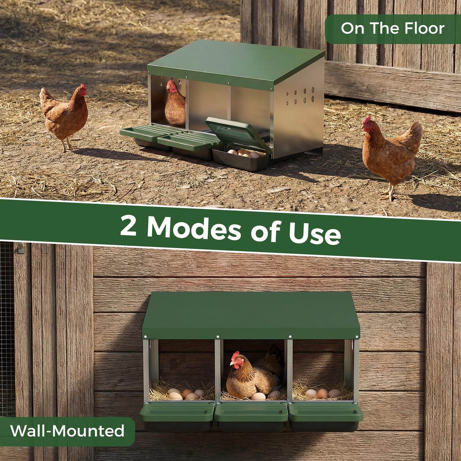 Garvee 3-Hole Metal Chicken Nesting Box, Roll Away Poultry Laying Box with Sloped Roof, 31.5"x20.5"x16.9", Green