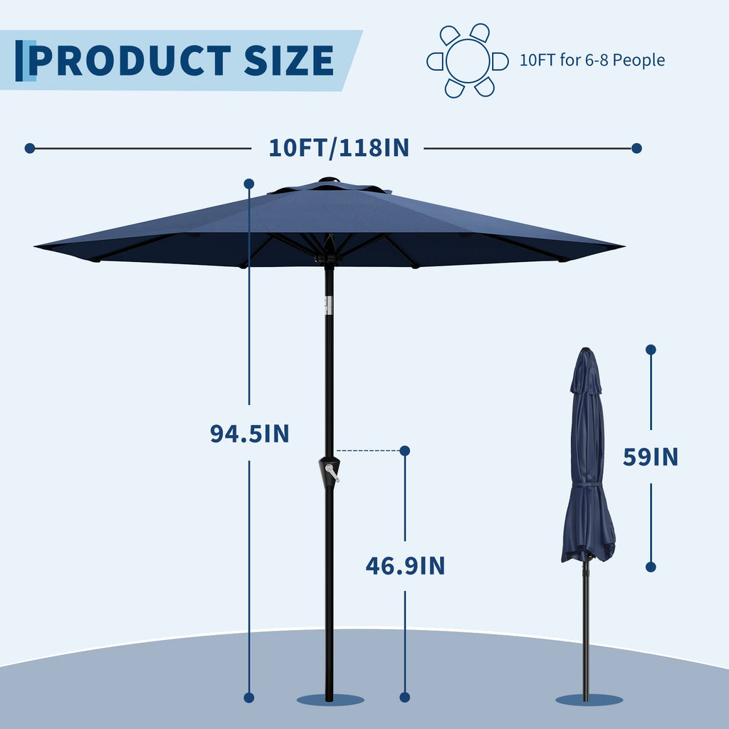 Garvee Navy Blue 10FT Patio Umbrella for Outdoor Table – Waterproof Market Umbrella with Smooth Crank Lift, Push Button Tilt, 8 Sturdy Ribs, UV Protection – For Pool, Deck, Garden, Yard