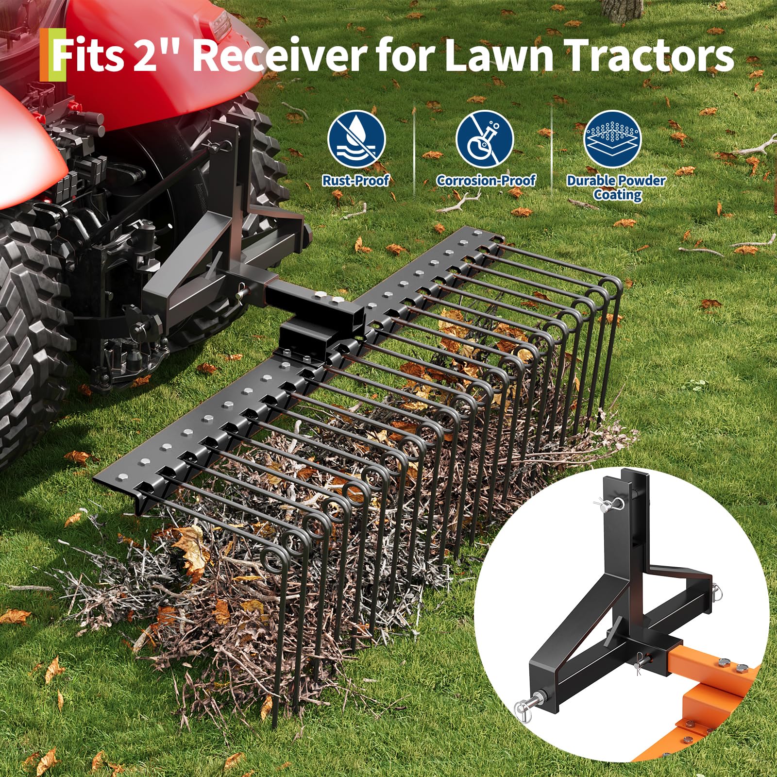 Garvee 48 in Pine Straw Rake Landscape Tool with 17 Spring Steel Tines, Steel Anti-Rust, Fits 2 in Receiver for Lawn Tractors ATV UTV