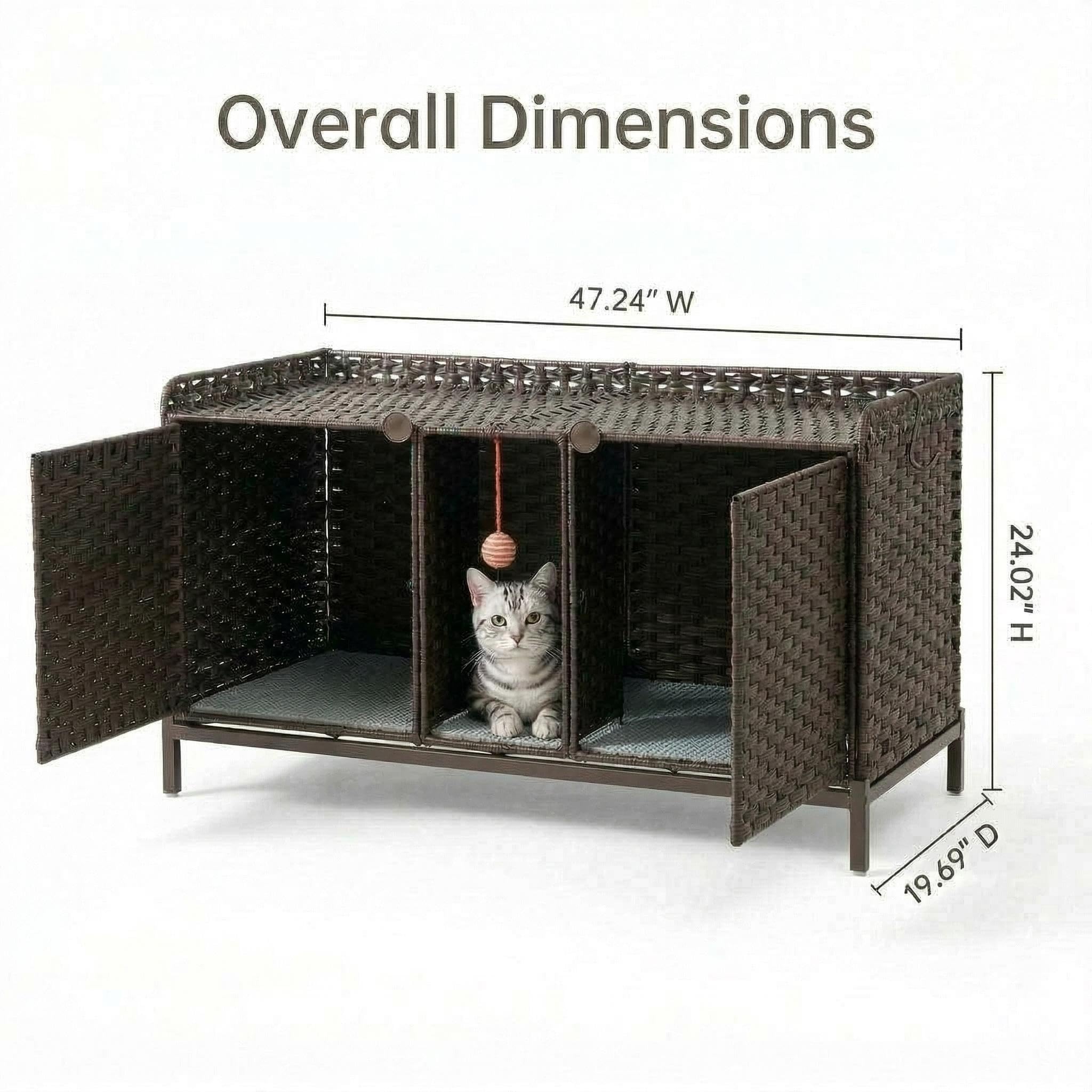 Garvee Handwoven Rattan Cat Litter Box Enclosure - Hidden Cat Washroom Cabinet with Door, Mat & S-Shaped Hooks - Spacious Stylish Cat Furniture for Living Room or Bedroom - Brown