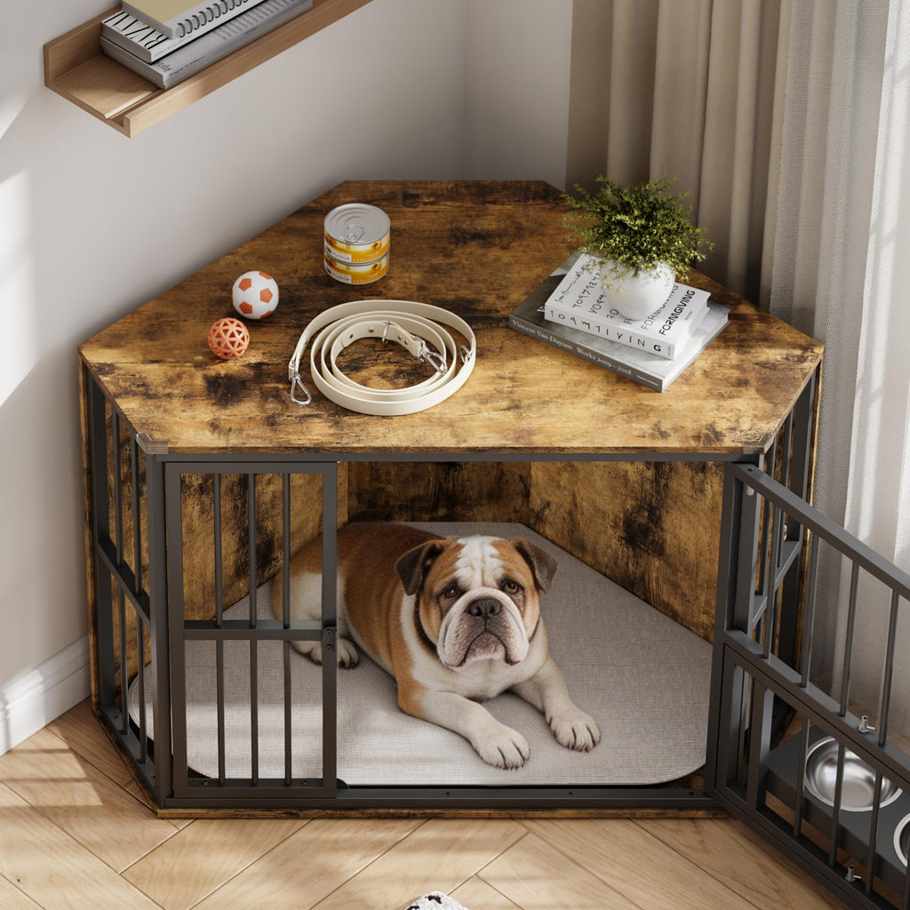 Garvee Space-Saving Corner Dog Crate Furniture – Wooden Indoor Kennel End Table with 360° Rotating Door, Stainless Steel Feeding Bowls, Decorative Design for Small Breeds, Vintage + Black Iron Frame, Brown