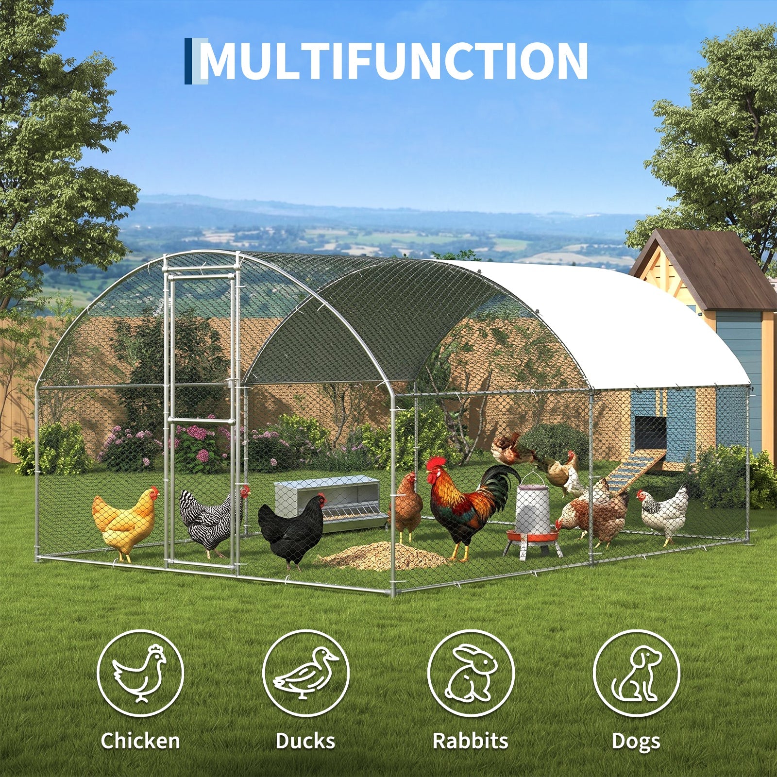 Garvee 13x10ft Large Metal Chicken Coop – Walk-In Poultry Cage with Waterproof Anti-UV Cover, Silver