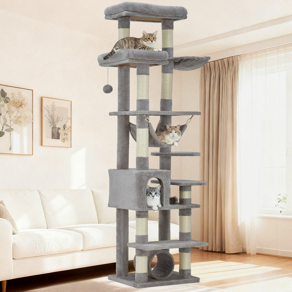 Garvee Multi-Level Cat Tree with Condo, 74" Tall Cat Tower with 11 Scratching Posts, Hammock, Tunnel, Large Top Perches & Anti-tip Kit, Indoor Cat Furniture for Large Cats, Light Gray