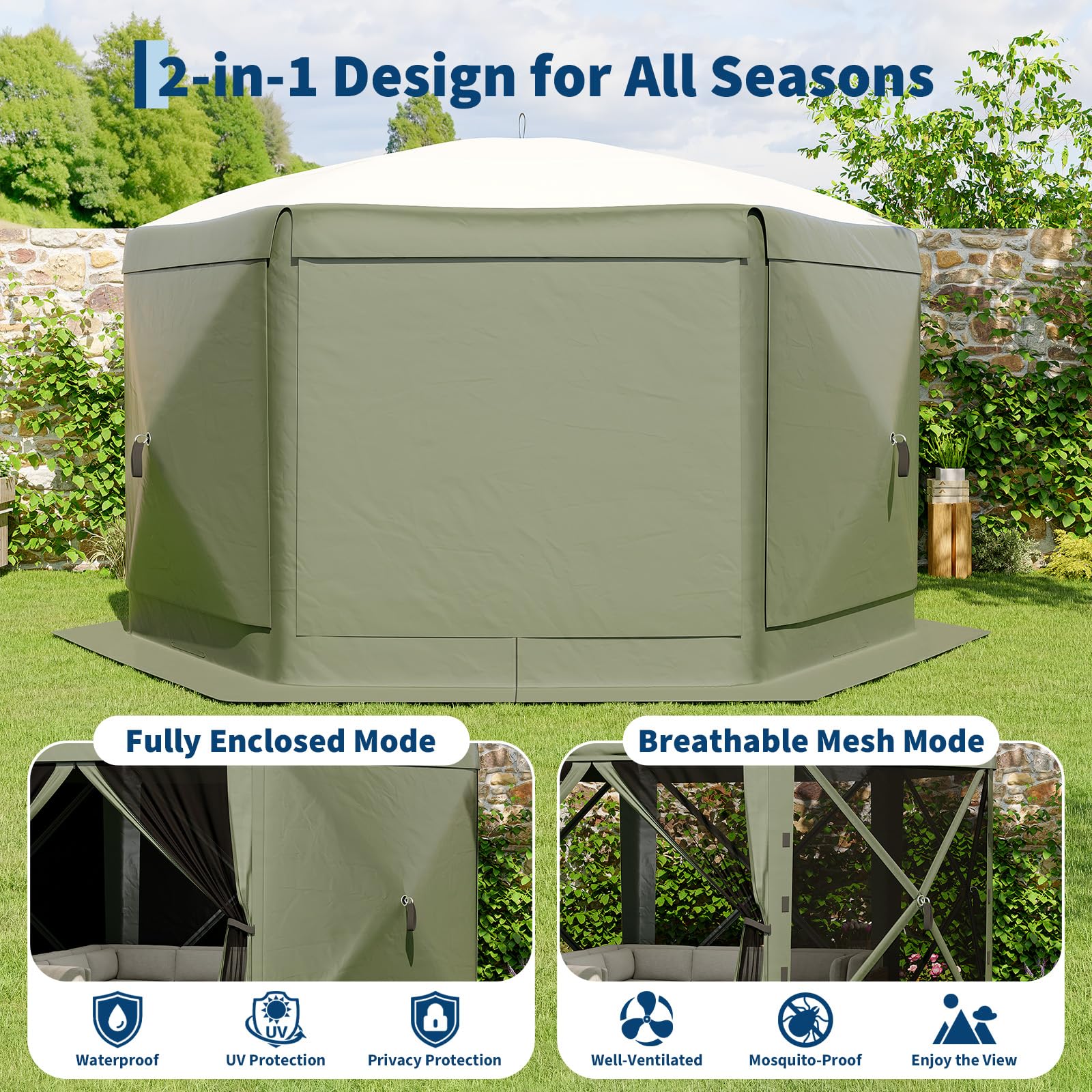 Garvee 13 x 13 ft Screen Tent with 6 Wind Panels, Instant Pop-Up Outdoor Canopy with Mesh Walls, Carry Bag & UPF50+ Shade for Camping, Backyard & Patio, Army Green