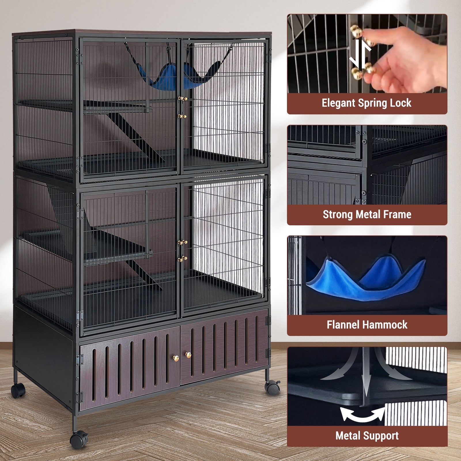 Garvee 5-Tier Rolling Ferret Cage Large, 60"H Small Animal Mansion for Chinchilla/Squirrel, Multi-Level Habitat with Hammock, Lockable Doors & Ramps, Ideal for Pet Rodents, with Sturdy Back Panel